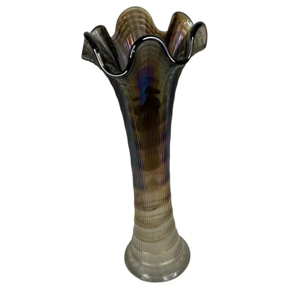 Vintage Imperial Ribbed Carnival Glass Swung Vase Iridescent Brown Purple Clear - Picture 4 of 11